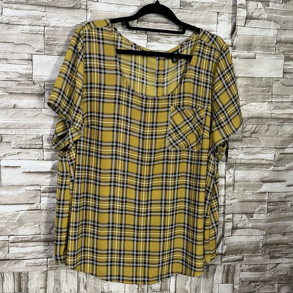 Torrid Size 2X Sleeve Plaid Blouse Black Yellow Button Back Elevated Basic